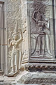 Angkor Wat temple, the fourth enclosure, the bas reliefs of the west gopura, superbly preserved devatas, either individually or in groups of two or three, amongst the finest in the monument. 